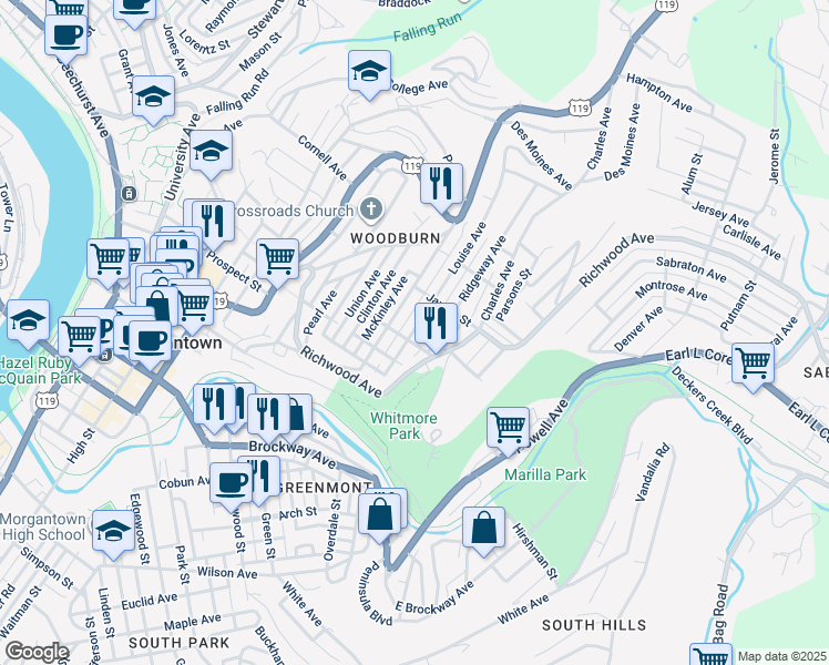 map of restaurants, bars, coffee shops, grocery stores, and more near 612 Louise Avenue in Morgantown