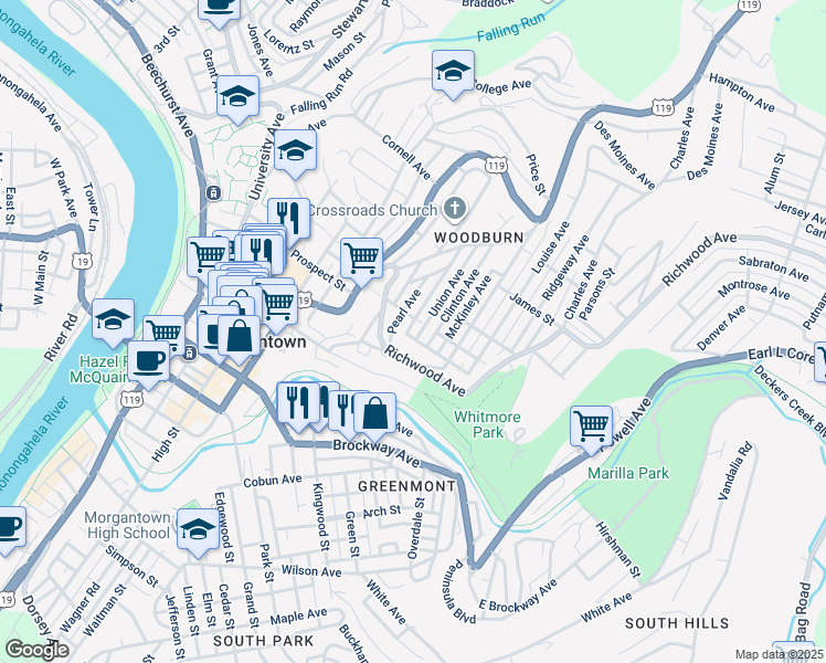 map of restaurants, bars, coffee shops, grocery stores, and more near 321 Richwood Avenue in Morgantown