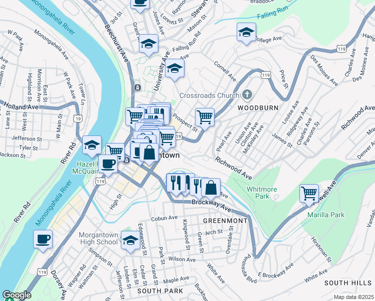 map of restaurants, bars, coffee shops, grocery stores, and more near 408 Forest Avenue in Morgantown