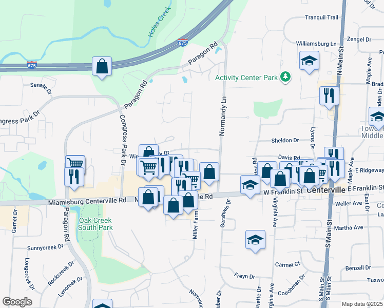 map of restaurants, bars, coffee shops, grocery stores, and more near 310 Crystal Point Drive in Centerville