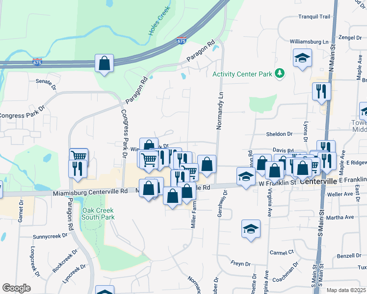 map of restaurants, bars, coffee shops, grocery stores, and more near 310 Crystal Point Drive in Centerville