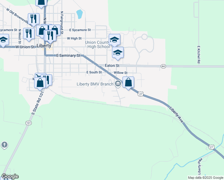 map of restaurants, bars, coffee shops, grocery stores, and more near 508 McCabes Way in Liberty