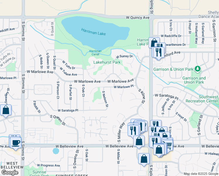 map of restaurants, bars, coffee shops, grocery stores, and more near 4764 South Moore Street in Littleton