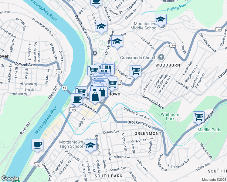 map of restaurants, bars, coffee shops, grocery stores, and more near 350 Spruce Street in Morgantown