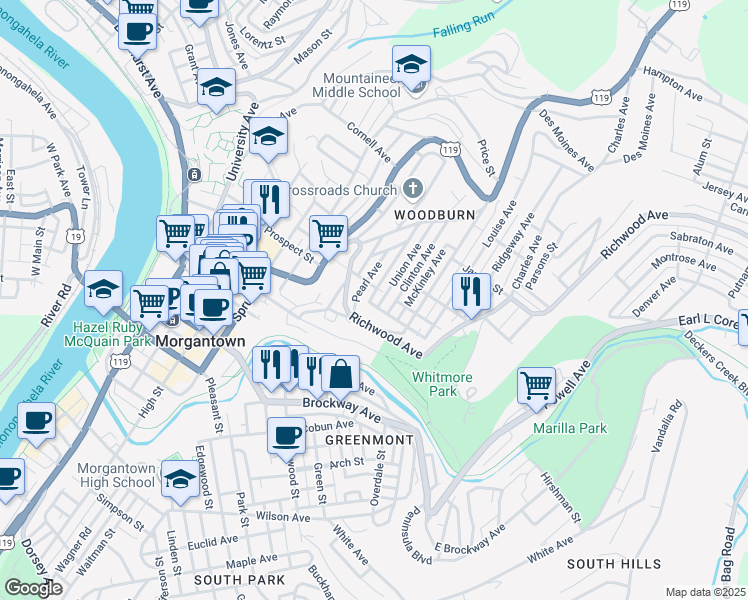 map of restaurants, bars, coffee shops, grocery stores, and more near 21 Marion Street in Morgantown