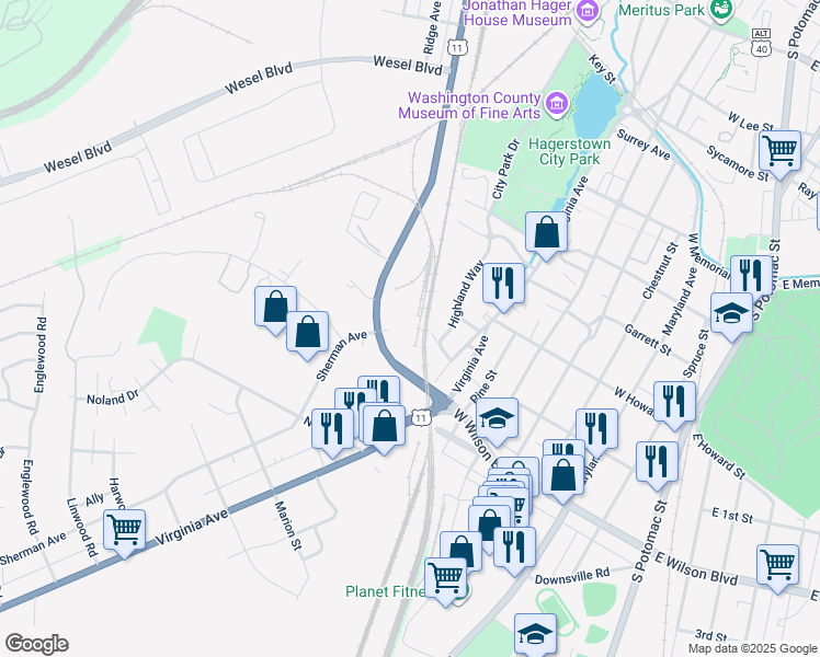 map of restaurants, bars, coffee shops, grocery stores, and more near 914 South Burhans Boulevard in Hagerstown