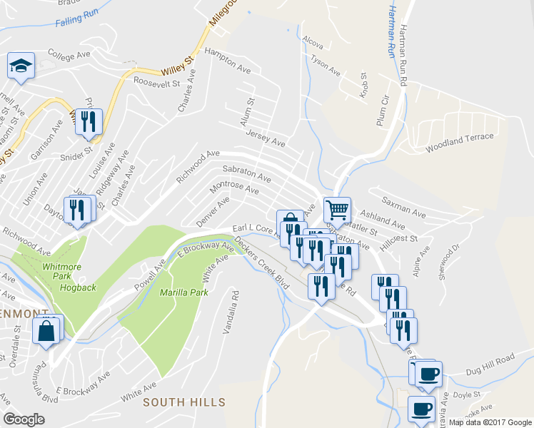 map of restaurants, bars, coffee shops, grocery stores, and more near 1299 Mineral Avenue in Morgantown