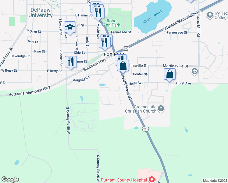 map of restaurants, bars, coffee shops, grocery stores, and more near 59 Kay Drive in Greencastle
