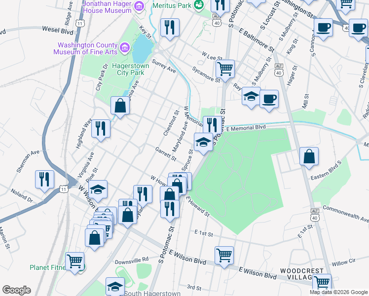 map of restaurants, bars, coffee shops, grocery stores, and more near 701 Spruce Street in Hagerstown