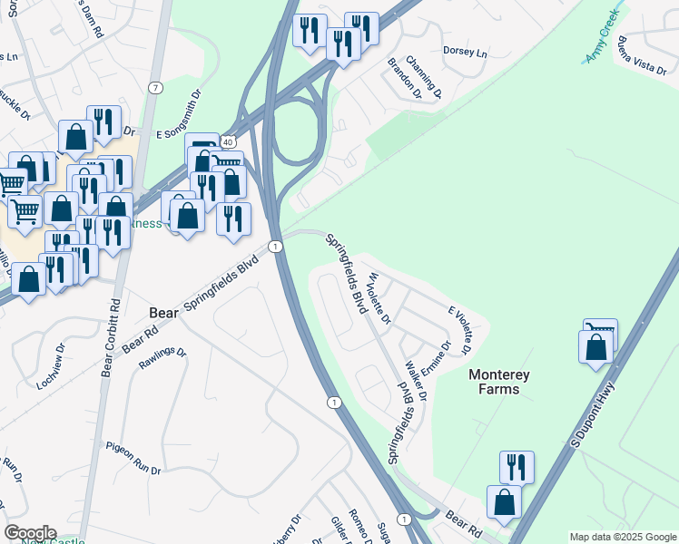 map of restaurants, bars, coffee shops, grocery stores, and more near 55 Charles Drive in New Castle