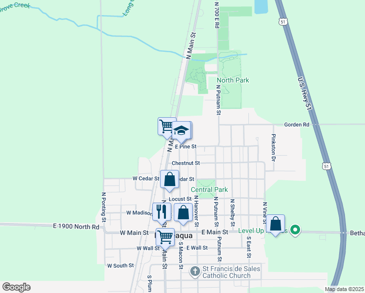 map of restaurants, bars, coffee shops, grocery stores, and more near 221 East Pine Street in Moweaqua
