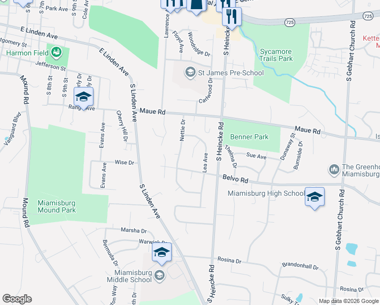 map of restaurants, bars, coffee shops, grocery stores, and more near 708 Nettie Drive in Miamisburg