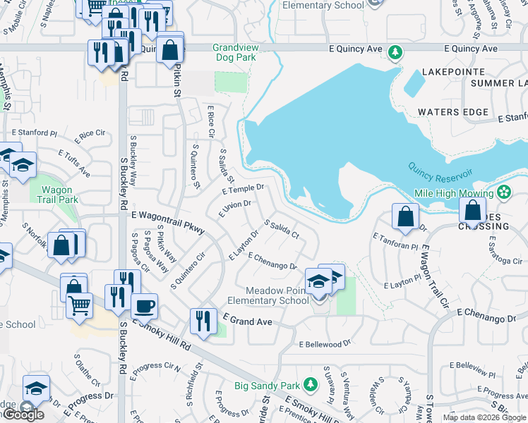 map of restaurants, bars, coffee shops, grocery stores, and more near 17580 East Temple Drive in Aurora