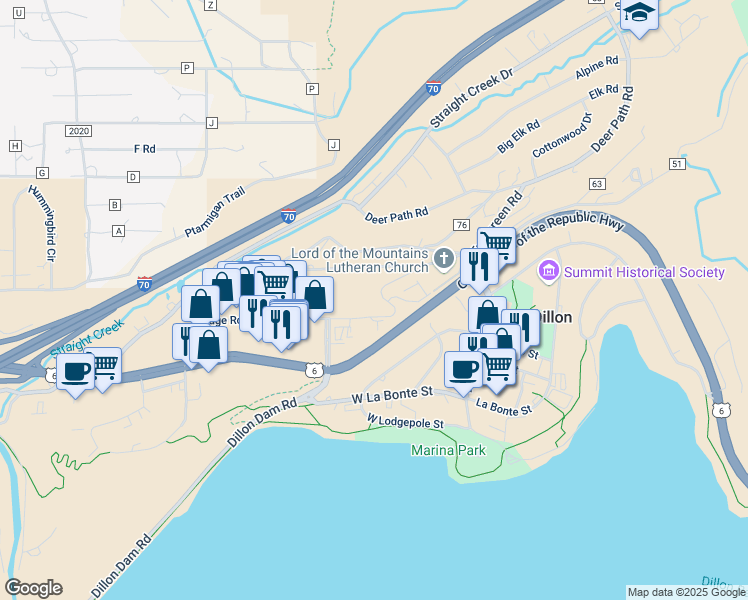 map of restaurants, bars, coffee shops, grocery stores, and more near 252 Piney Acres Circle in Dillon
