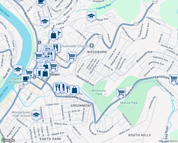 map of restaurants, bars, coffee shops, grocery stores, and more near 700 Union Avenue in Morgantown
