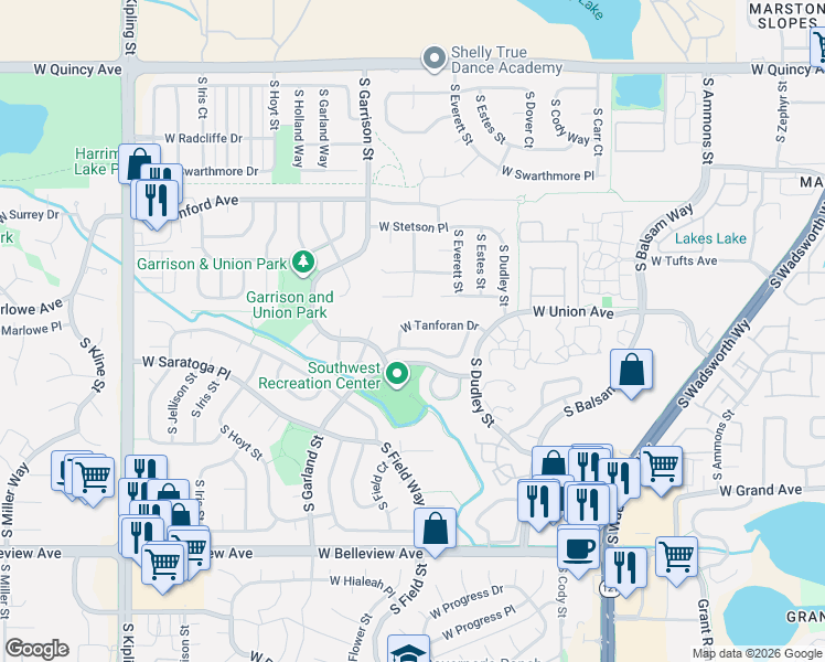 map of restaurants, bars, coffee shops, grocery stores, and more near 9004 West Union Avenue in Littleton