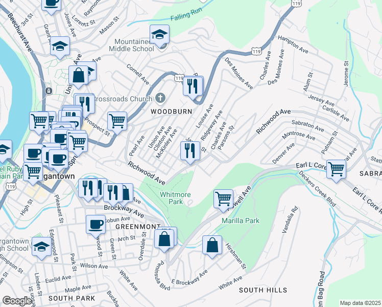 map of restaurants, bars, coffee shops, grocery stores, and more near 725 Ridgeway Avenue in Morgantown