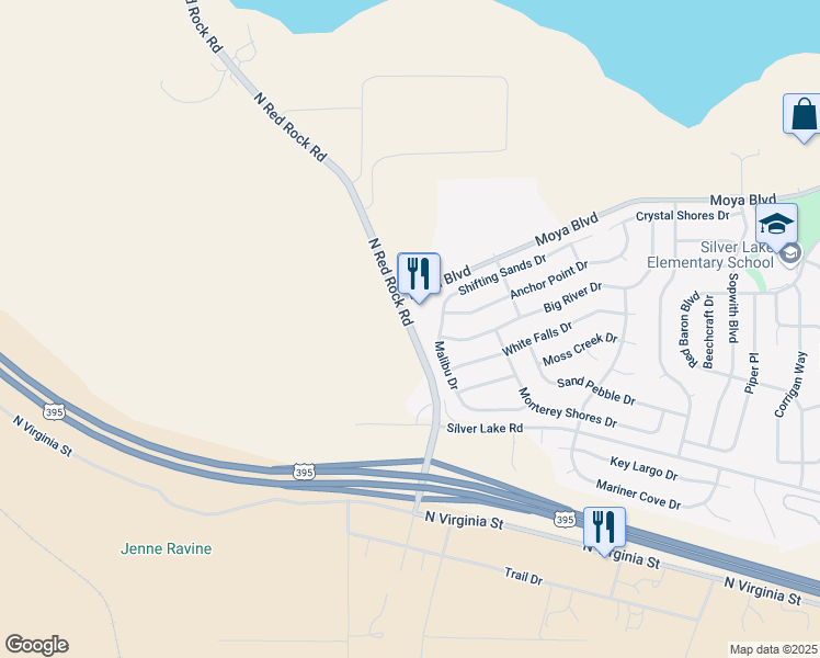 map of restaurants, bars, coffee shops, grocery stores, and more near 8735 North Red Rock Road in Reno