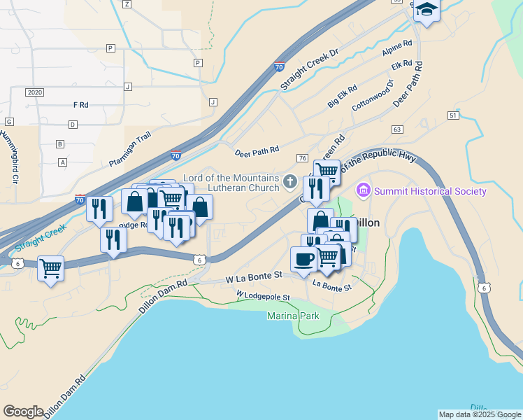 map of restaurants, bars, coffee shops, grocery stores, and more near 99 Lookout Ridge Drive in Dillon