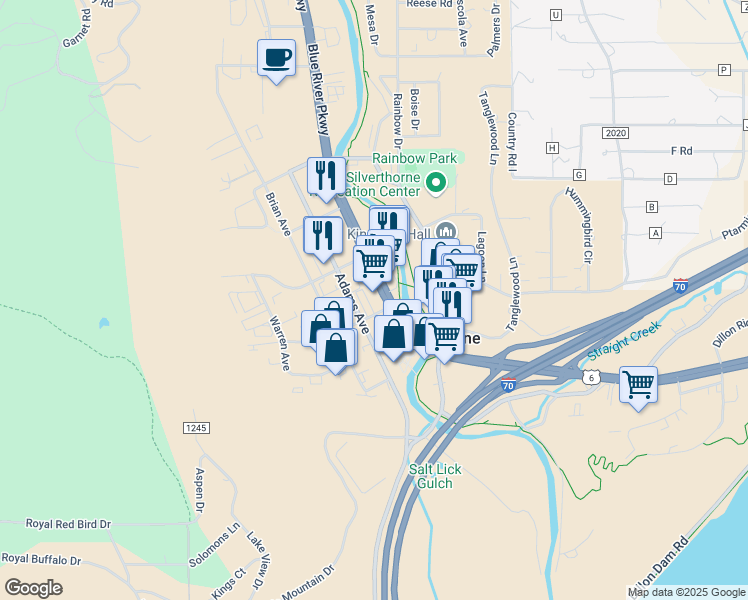 map of restaurants, bars, coffee shops, grocery stores, and more near 347 Colorado 9 in Silverthorne