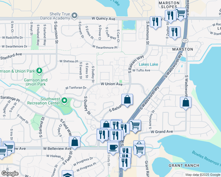 map of restaurants, bars, coffee shops, grocery stores, and more near 8400 West Union Avenue in Denver