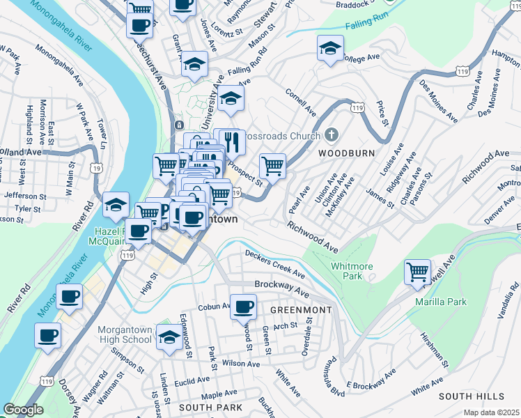 map of restaurants, bars, coffee shops, grocery stores, and more near 475 Baird Street in Morgantown