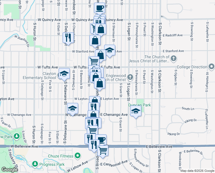 map of restaurants, bars, coffee shops, grocery stores, and more near 4690 South Lincoln Street in Englewood