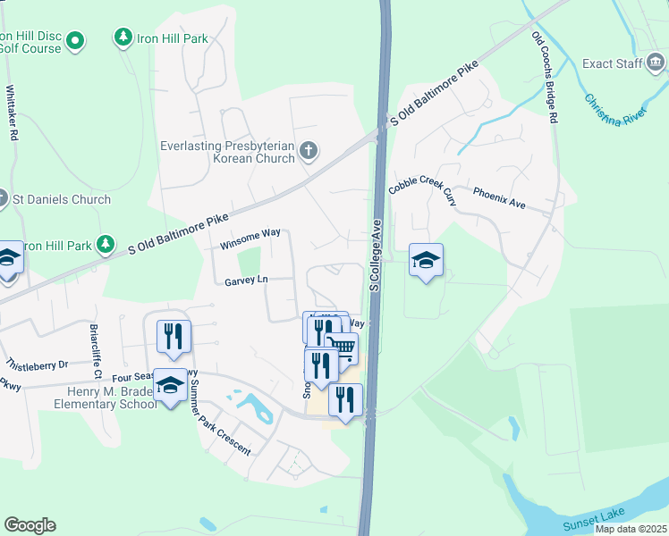 map of restaurants, bars, coffee shops, grocery stores, and more near 1728 Godwin Drive in Newark
