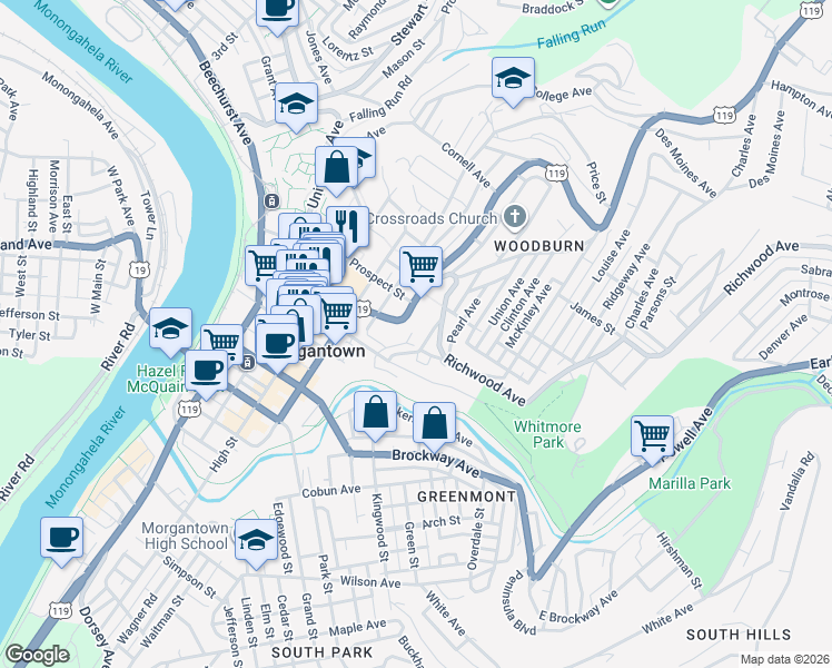 map of restaurants, bars, coffee shops, grocery stores, and more near 549 Locust Avenue in Morgantown