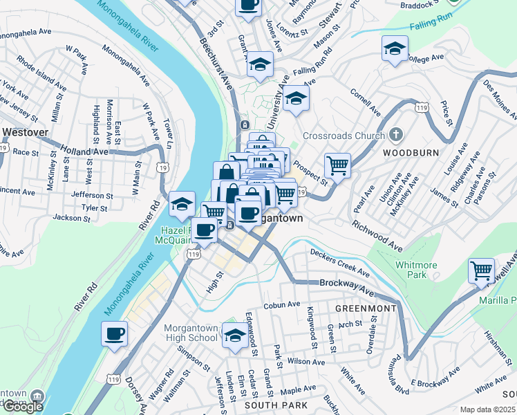 map of restaurants, bars, coffee shops, grocery stores, and more near 145 Fayette Street in Morgantown