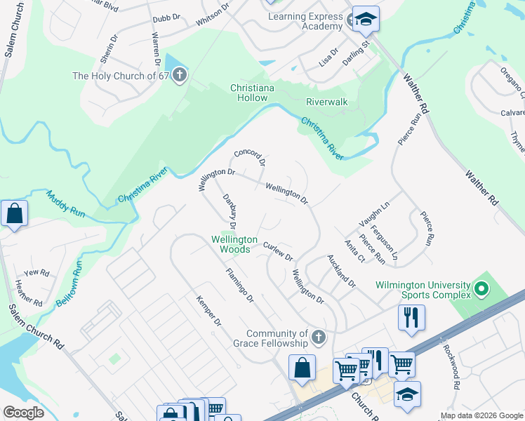 map of restaurants, bars, coffee shops, grocery stores, and more near 2 Tarcote Court in Newark