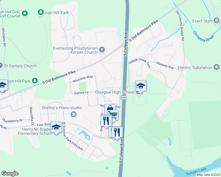 map of restaurants, bars, coffee shops, grocery stores, and more near 1400 Waters Edge Drive in Newark