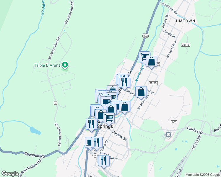 map of restaurants, bars, coffee shops, grocery stores, and more near 397 Wilkes Street in Berkeley Springs
