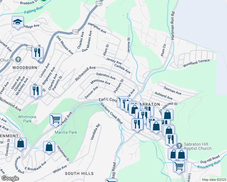 map of restaurants, bars, coffee shops, grocery stores, and more near 1264 Montrose Avenue in Morgantown