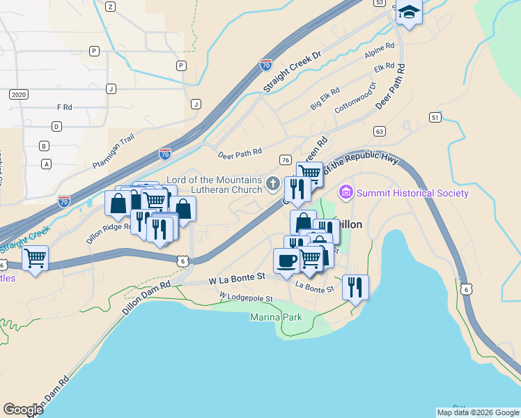 map of restaurants, bars, coffee shops, grocery stores, and more near 2399 Crown Court in Dillon