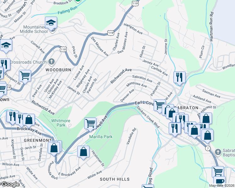 map of restaurants, bars, coffee shops, grocery stores, and more near 104-106 Independence St in Morgantown