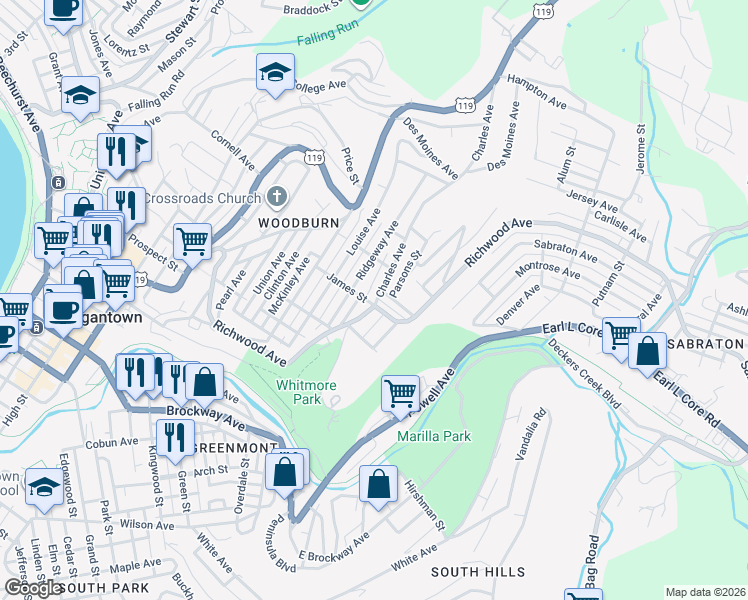 map of restaurants, bars, coffee shops, grocery stores, and more near 801 Charles Avenue in Morgantown