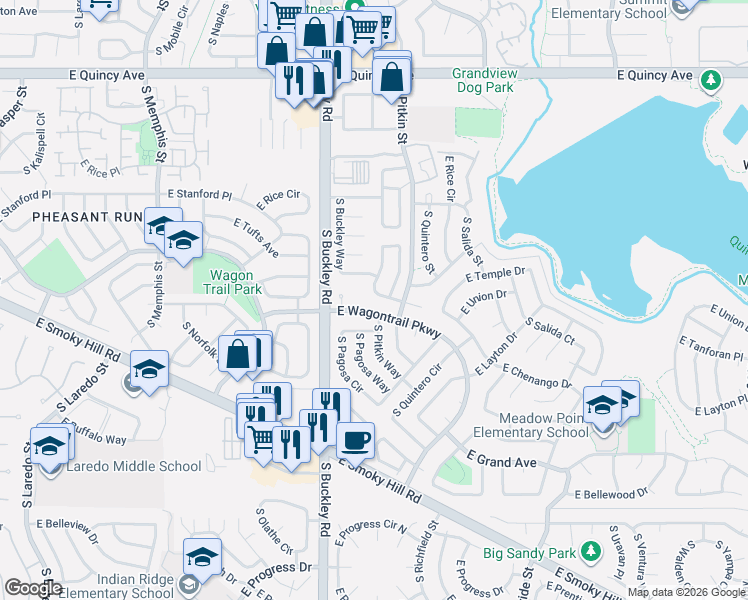 map of restaurants, bars, coffee shops, grocery stores, and more near 4740 South Buckley Road in Aurora
