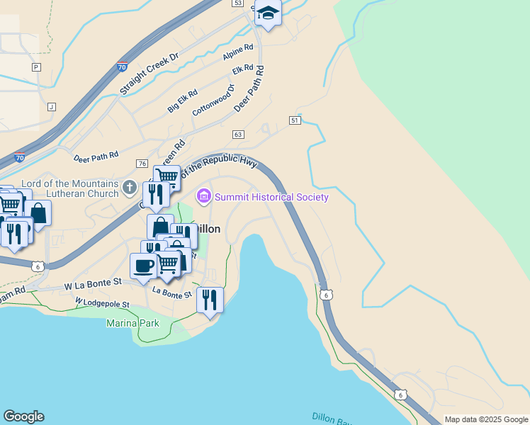 map of restaurants, bars, coffee shops, grocery stores, and more near 317 Tenderfoot Street in Dillon