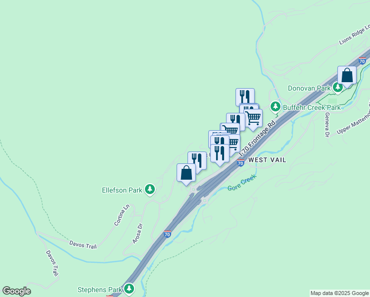 map of restaurants, bars, coffee shops, grocery stores, and more near 2317 Garmisch Drive in Vail