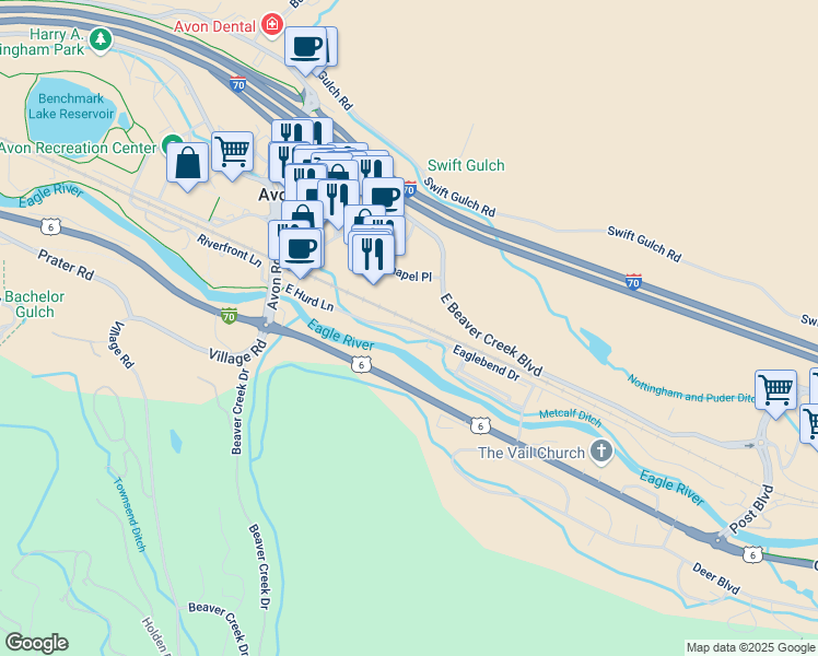 map of restaurants, bars, coffee shops, grocery stores, and more near 0400 East Hurd Lane in Avon