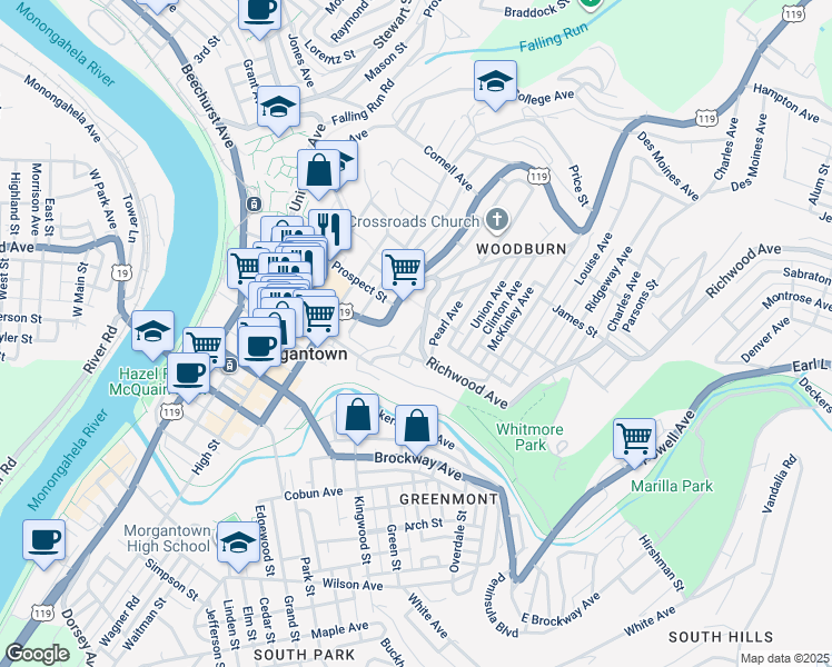 map of restaurants, bars, coffee shops, grocery stores, and more near 549 Locust Avenue in Morgantown