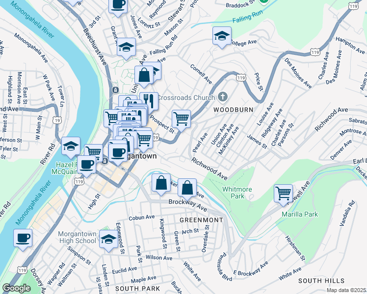 map of restaurants, bars, coffee shops, grocery stores, and more near 549 Locust Avenue in Morgantown