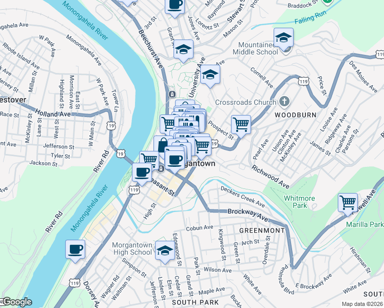 map of restaurants, bars, coffee shops, grocery stores, and more near 442 High Street in Morgantown