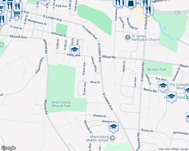 map of restaurants, bars, coffee shops, grocery stores, and more near 1331 Cherry Hill Drive in Miamisburg