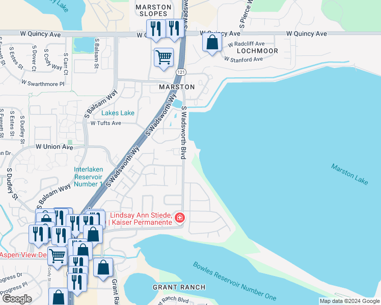 map of restaurants, bars, coffee shops, grocery stores, and more near 4800 South Wadsworth Boulevard in Littleton