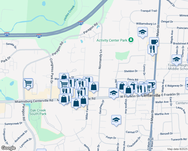 map of restaurants, bars, coffee shops, grocery stores, and more near 306 Windsor Park Drive in Centerville