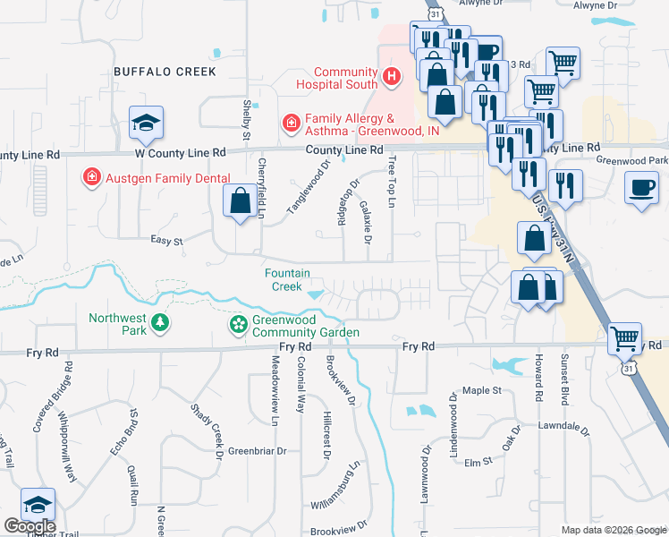 map of restaurants, bars, coffee shops, grocery stores, and more near 964 Rolling Hill Road in Greenwood
