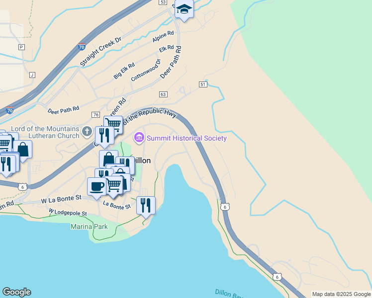 map of restaurants, bars, coffee shops, grocery stores, and more near 317 Tenderfoot Street in Dillon