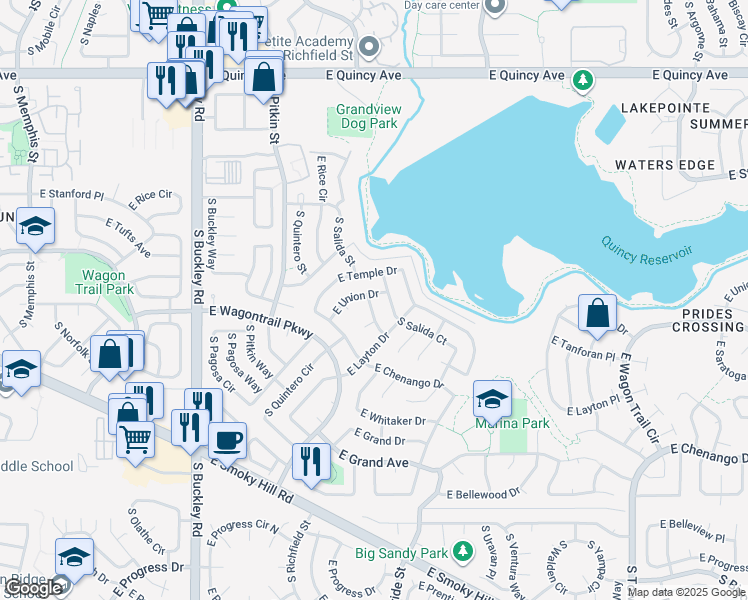 map of restaurants, bars, coffee shops, grocery stores, and more near 4744 South Salida Street in Aurora